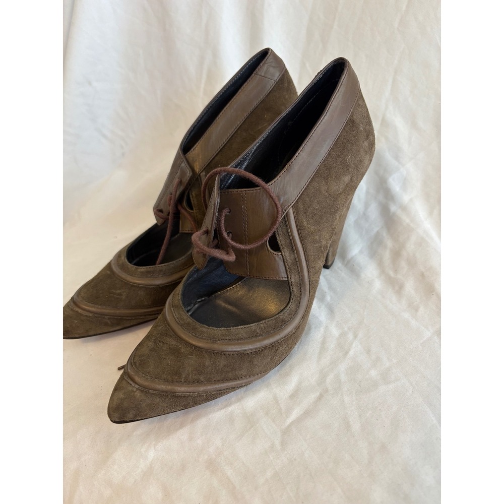 Te Casan Manuela Filipovic Olive Suede Leather Lace Up Block Heel Pumps 36.5